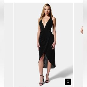 bebe Black Deep V Slinky Asymmetrical Halter Neck Dress Medium